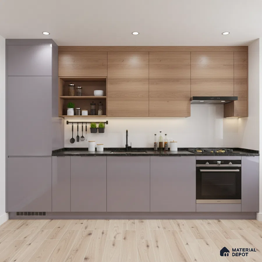 Modern kitchen with taupe laminate base cabinets, natural oak wood laminate wall cabinets, and black granite countertop in Bengaluru