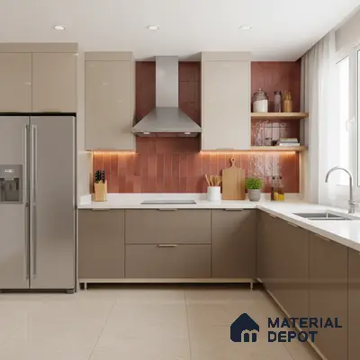 Modern kitchen with taupe laminate cabinets, terracotta vertical subway backsplash tile, and white quartz countertop in Bengaluru