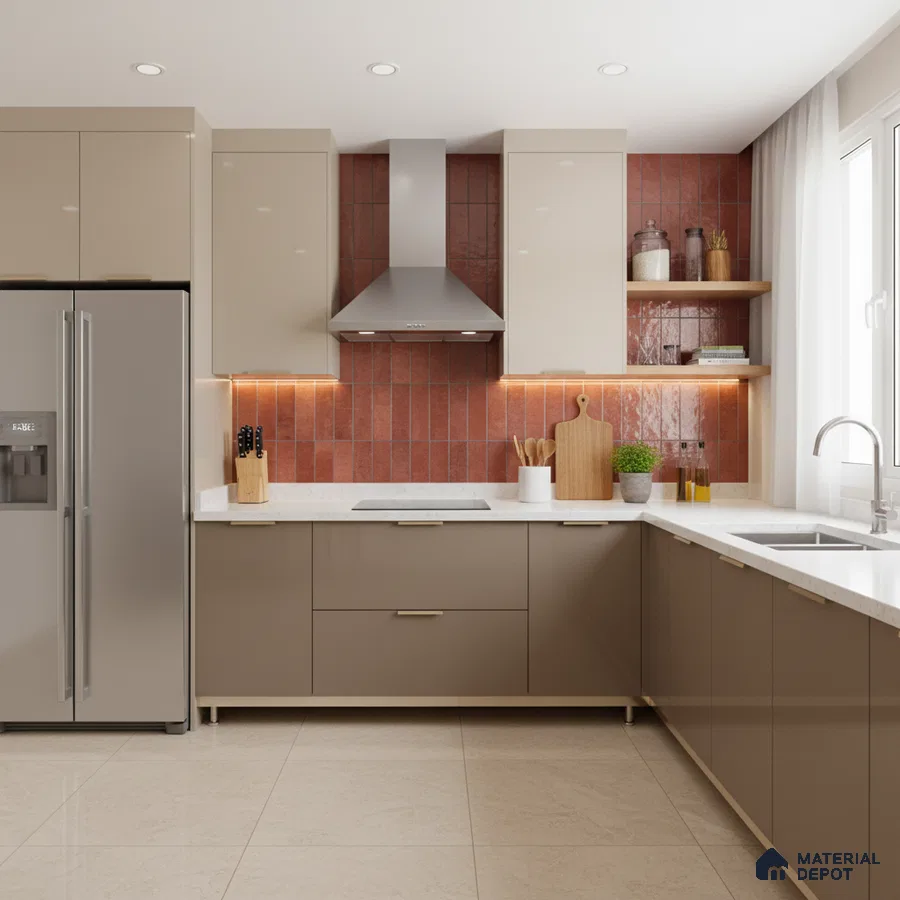 Modern kitchen with taupe laminate cabinets, terracotta vertical subway backsplash tile, and white quartz countertop in Bengaluru