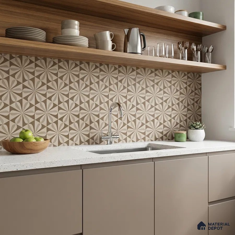 Modern kitchen with taupe laminate cabinets, terrazzo white quartz countertop, and beige geometric patterned backsplash tiles