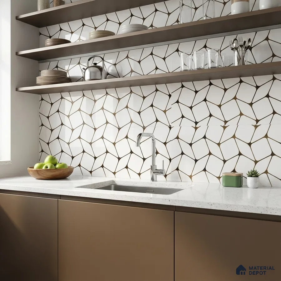 Modern kitchen with taupe laminate cabinets, white quartz countertop, and geometric patterned backsplash tile