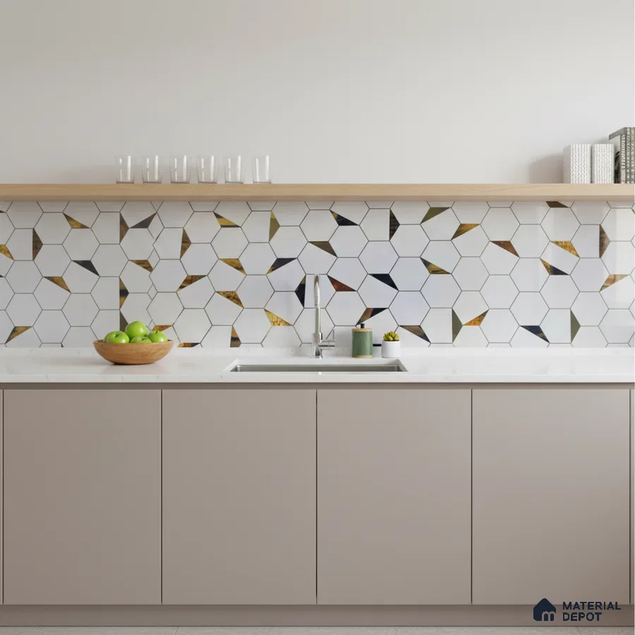 Modern kitchen with taupe laminate cabinets, white quartz countertop, and geometric patterned backsplash tiles
