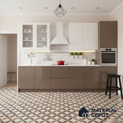 Modern kitchen with taupe laminate cabinets, white subway tile backsplash, and geometric patterned floor tiles in Bengaluru