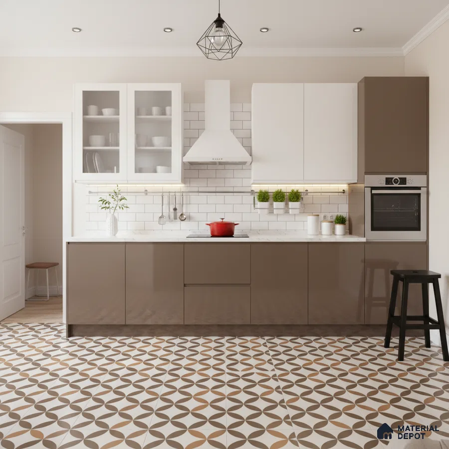 Modern kitchen with taupe laminate cabinets, white subway tile backsplash, and geometric patterned floor tiles in Bengaluru