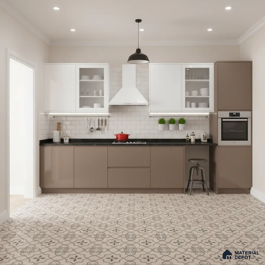 Modern kitchen with taupe laminate cabinets, white subway tile backsplash, and patterned beige floor tiles in Bengaluru