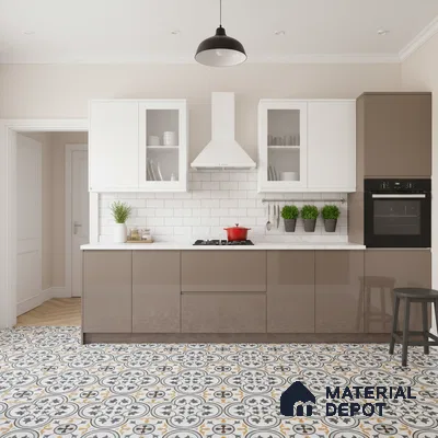 Modern kitchen with taupe laminate cabinets, white subway tile backsplash, and patterned moroccan floor tiles in Bengaluru