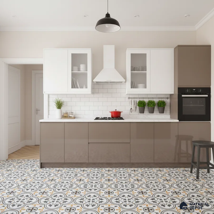 Modern kitchen with taupe laminate cabinets, white subway tile backsplash, and patterned moroccan floor tiles in Bengaluru