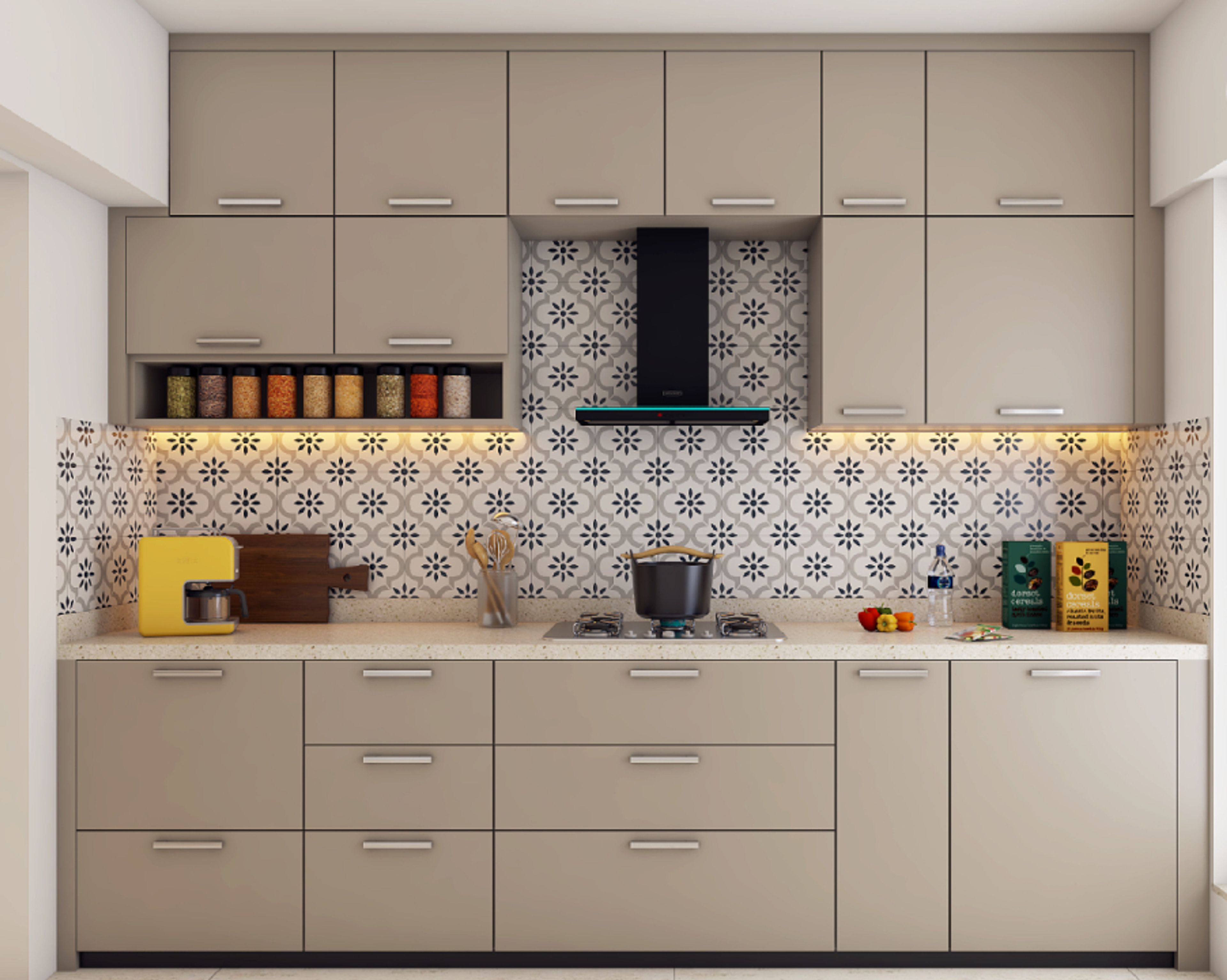 Modern kitchen with taupe matte laminate cabinets and black-and-white floral patterned backsplash tiles in Bengaluru | Material Depot