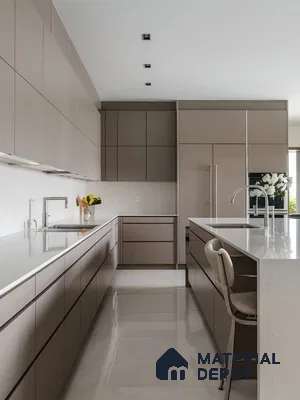 Modern kitchen with taupe matte laminate cabinets and white quartz countertop in Bengaluru | Material Depot