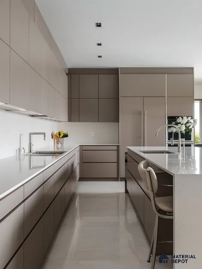 Modern kitchen with taupe matte laminate cabinets and white quartz countertop in Bengaluru | Material Depot