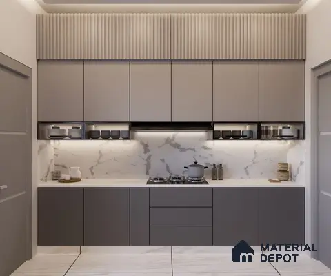 Modern kitchen with taupe matte laminate cabinets, marble-look backsplash, and fluted beige panel in Bengaluru | Material Depot
