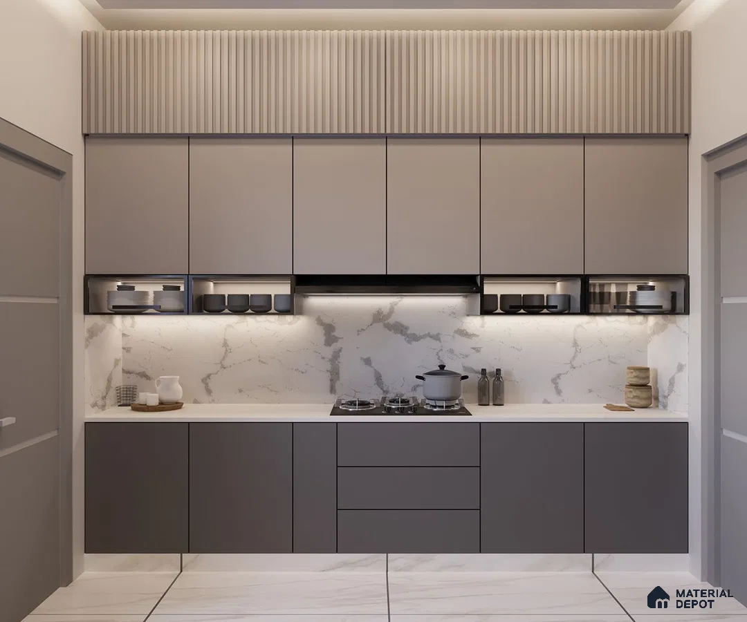 Modern kitchen with taupe matte laminate cabinets, marble-look backsplash, and fluted beige panel in Bengaluru | Material Depot