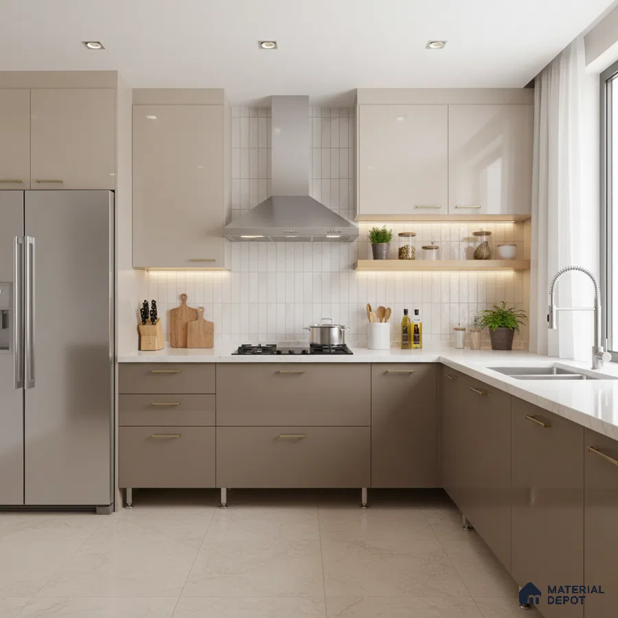 Modern kitchen with taupe matte laminate cabinets, white quartz countertop, and vertical subway backsplash tiles in Bengaluru