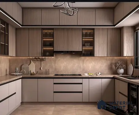Modern kitchen with taupe matte laminate, wood grain fluted panels, and beige stone backsplash in Bengaluru | Material Depot
