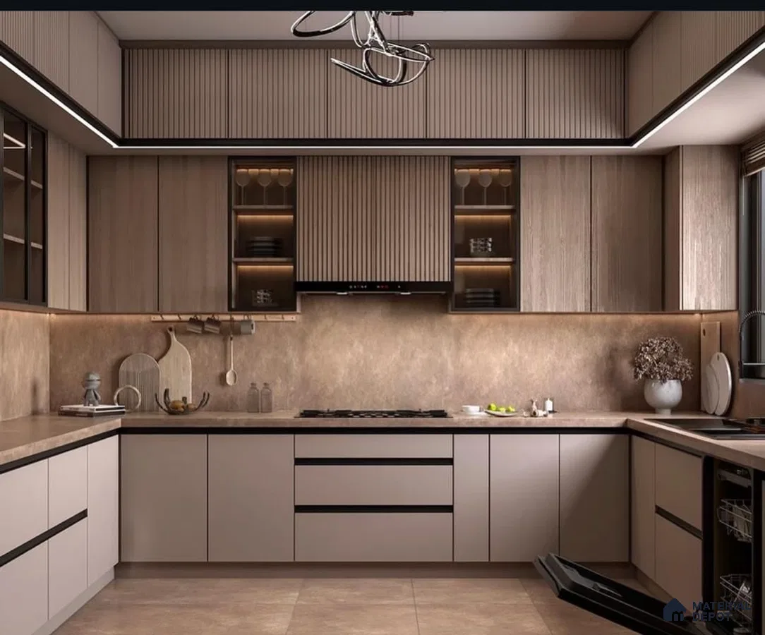 Modern kitchen with taupe matte laminate, wood grain fluted panels, and beige stone backsplash in Bengaluru | Material Depot