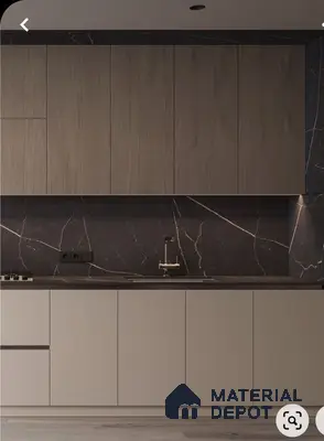 Modern kitchen with taupe matte laminate, wood grain upper cabinets, and black marble backsplash in Bengaluru | Material Depot