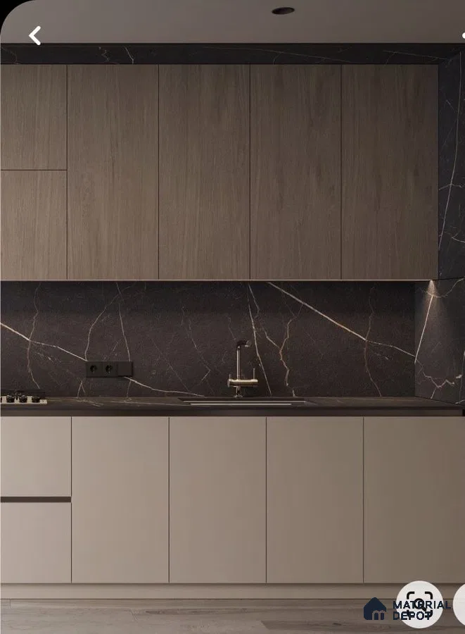Modern kitchen with taupe matte laminate, wood grain upper cabinets, and black marble backsplash in Bengaluru | Material Depot