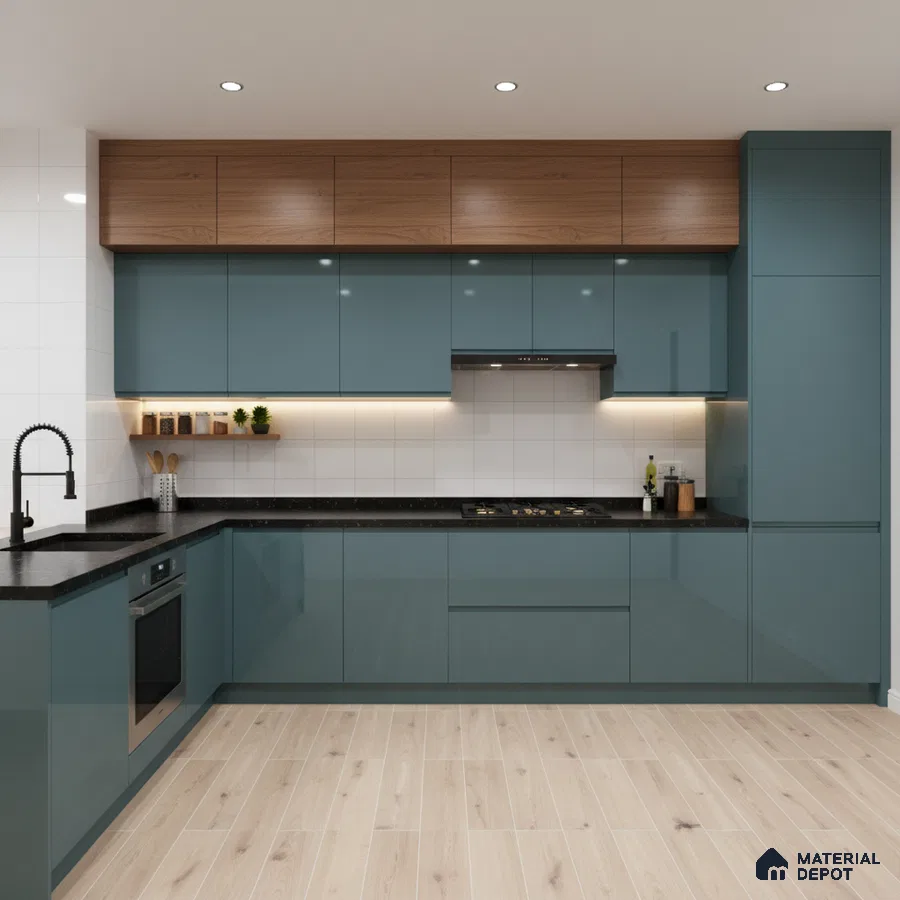 Modern kitchen with teal blue high gloss laminate, walnut wood laminate, and black quartz countertop in Bengaluru