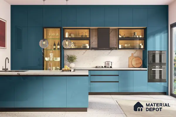 Modern kitchen with teal blue high gloss laminate, white marble backsplash, and terrazzo floor tile in Bengaluru | Material Depot