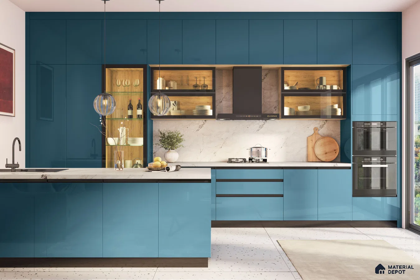 Modern kitchen with teal blue high gloss laminate, white marble backsplash, and terrazzo floor tile in Bengaluru | Material Depot