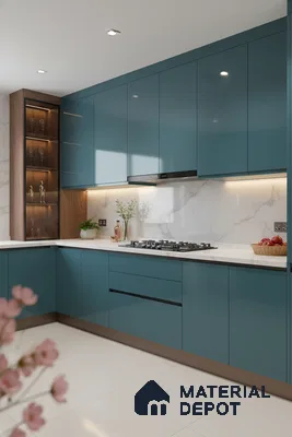 Modern kitchen with teal blue high gloss laminate, white marble backsplash, and white quartz countertop in Bengaluru