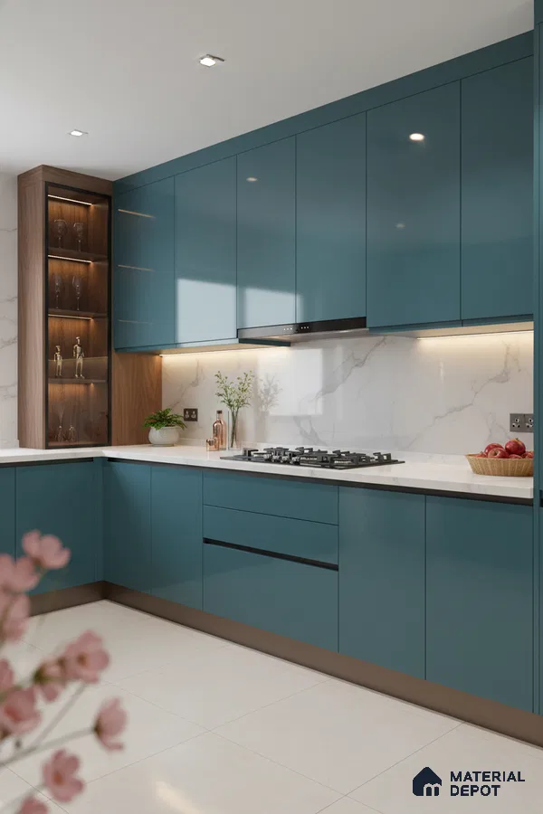 Modern kitchen with teal blue high gloss laminate, white marble backsplash, and white quartz countertop in Bengaluru