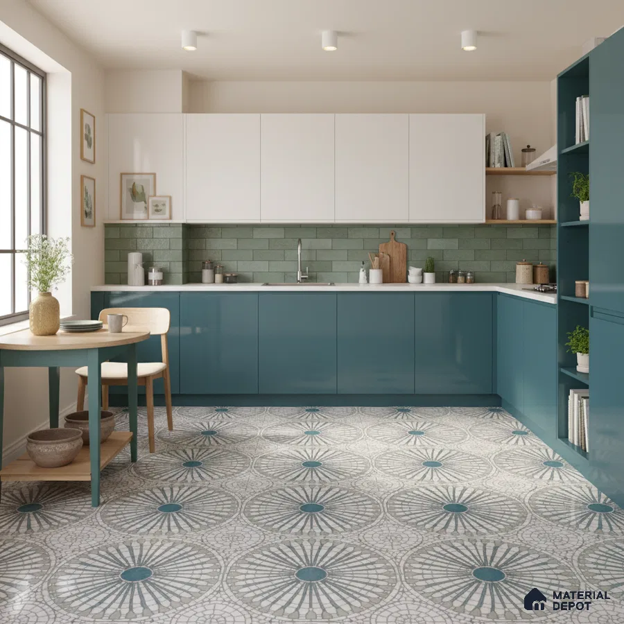 Modern kitchen with teal blue laminate cabinets, sage green subway tile backsplash, and geometric patterned floor tiles in Bengaluru