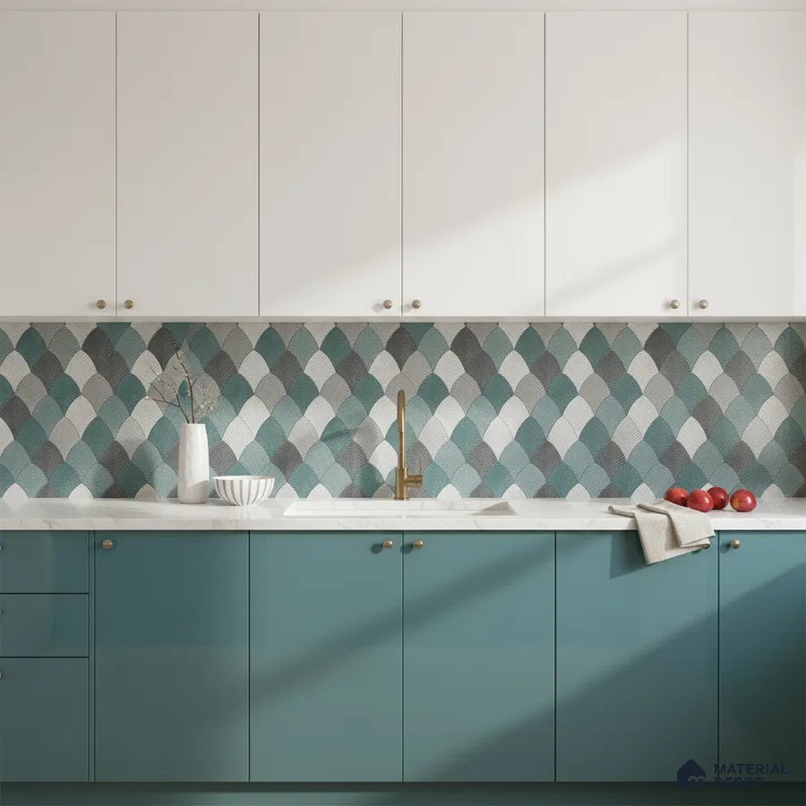 Modern kitchen with teal blue laminate, frosty white laminate, and geometric fishscale backsplash tile in Bengaluru