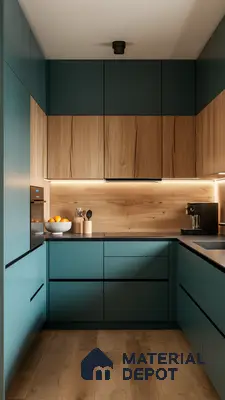 Modern kitchen with teal blue matte laminate, natural oak wood laminate, and wooden flooring in Bengaluru | Material Depot