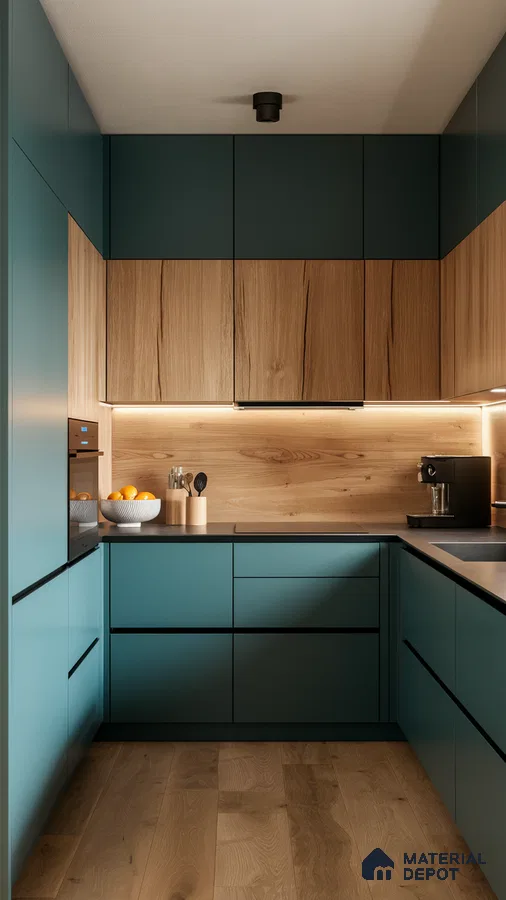 Modern kitchen with teal blue matte laminate, natural oak wood laminate, and wooden flooring in Bengaluru | Material Depot