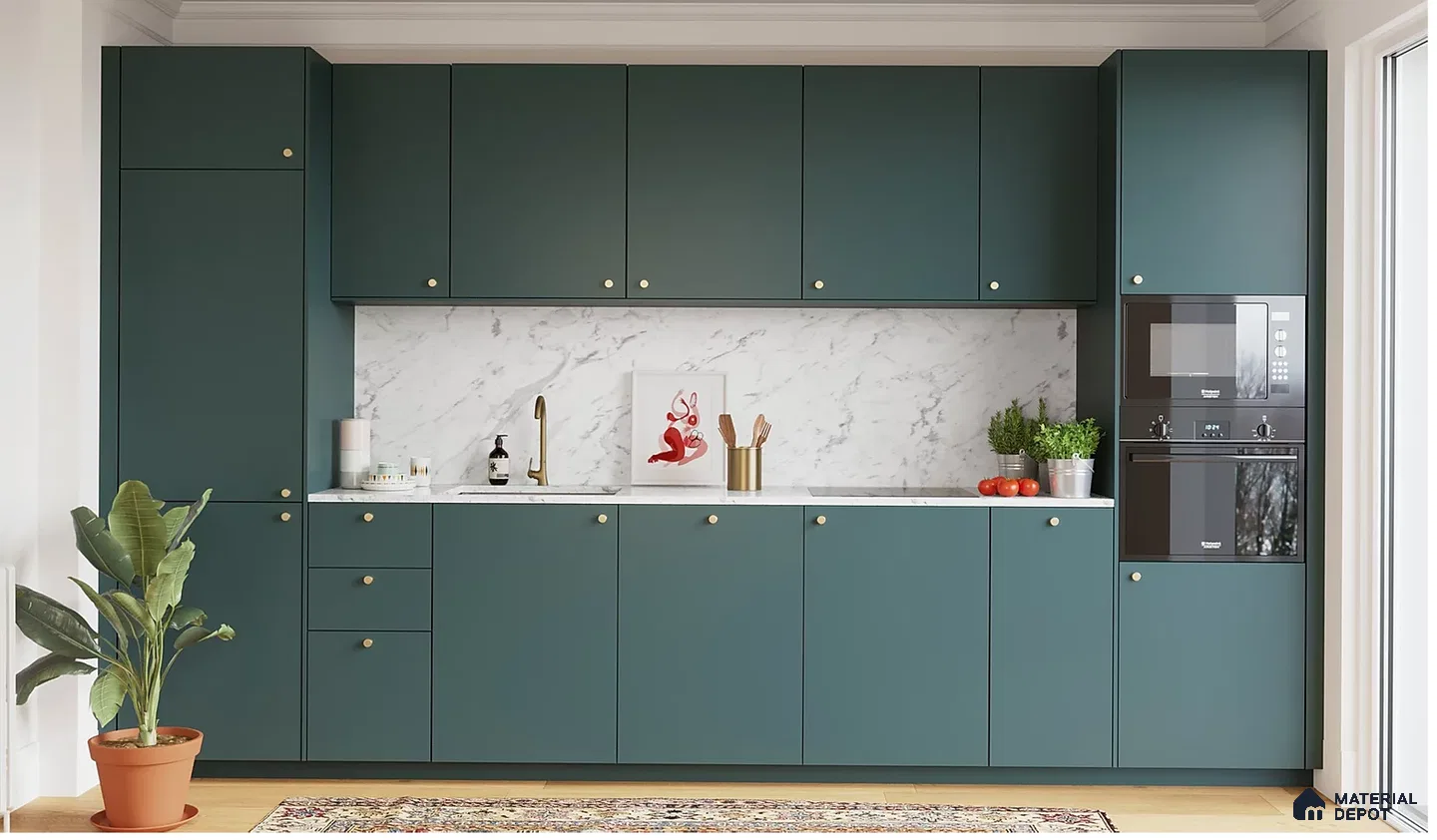 Modern kitchen with teal green matte laminate cabinets and white marble-look backsplash in Bengaluru | Material Depot