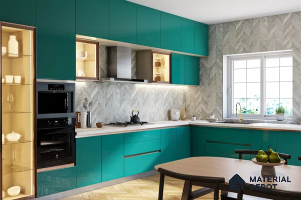 Modern kitchen with teal high gloss laminate cabinets, chevron backsplash tile, and white quartz countertop in Bengaluru | Material Depot