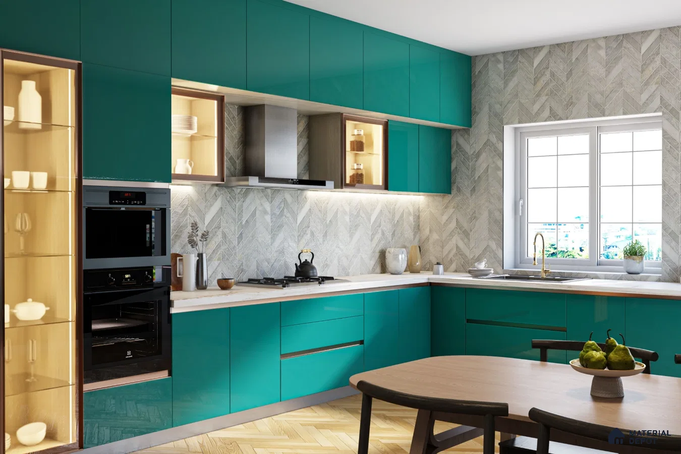 Modern kitchen with teal high gloss laminate cabinets, chevron backsplash tile, and white quartz countertop in Bengaluru | Material Depot