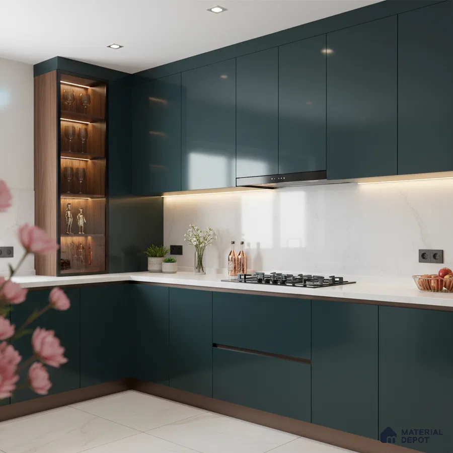 Modern kitchen with teal high gloss laminate cabinets, white quartz countertop, and marble look backsplash in Bengaluru
