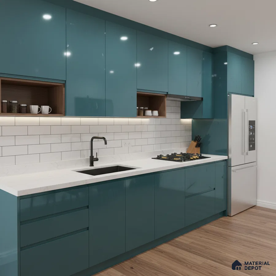 Modern kitchen with teal high gloss laminate, white quartz countertop, and subway tile backsplash in Bengaluru