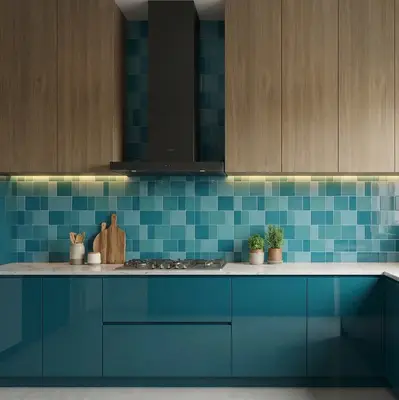 Modern kitchen with teal high gloss laminate, wood grain laminate, and blue square backsplash tiles