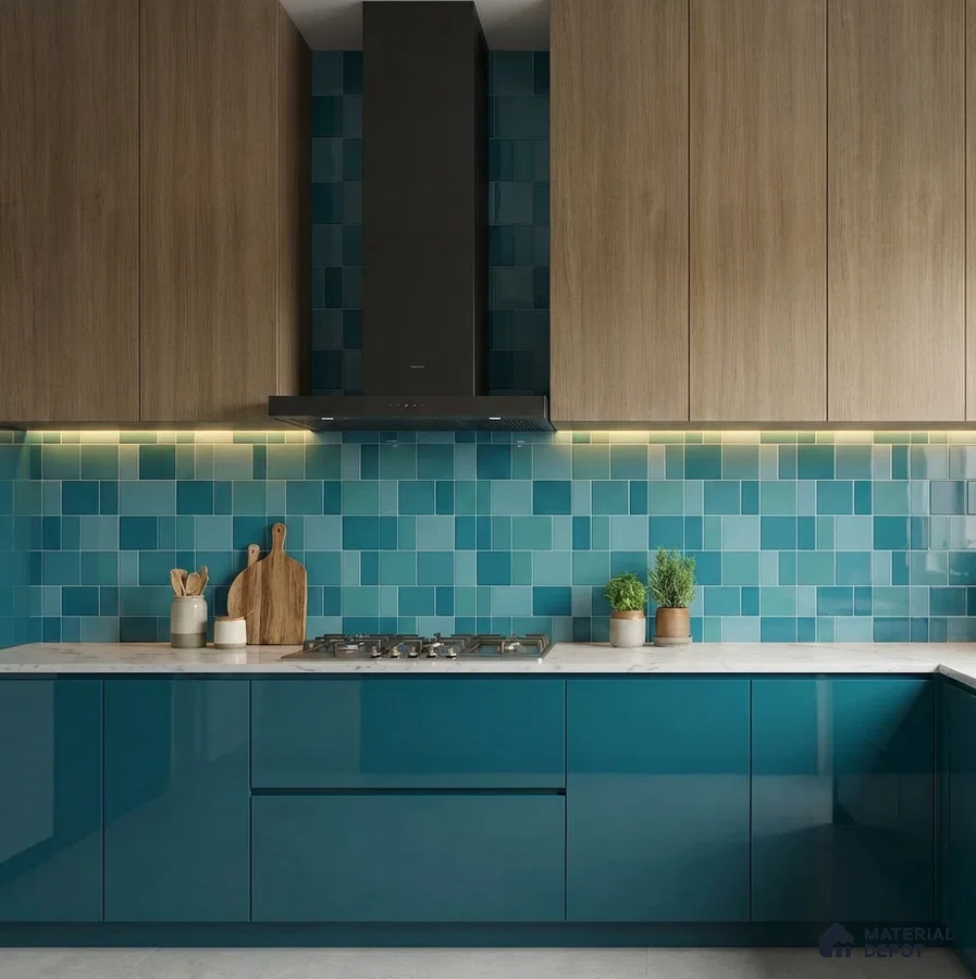 Modern kitchen with teal high gloss laminate, wood grain laminate, and blue square backsplash tiles