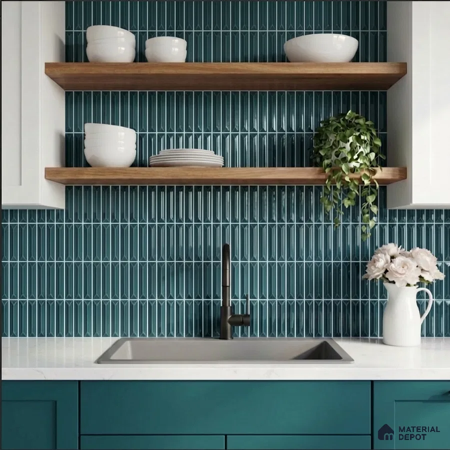 Modern kitchen with teal kitkat backsplash tile, white quartz countertop, and teal laminate cabinets