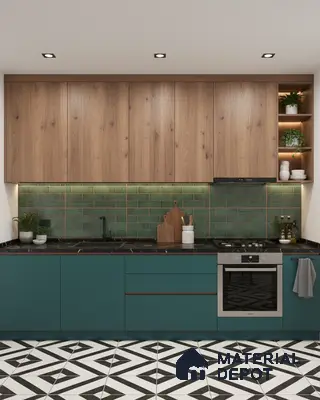 Modern kitchen with teal laminate base cabinets, natural oak laminate wall cabinets, green subway backsplash tile, and geometric black-and-white floor tile in Bengaluru