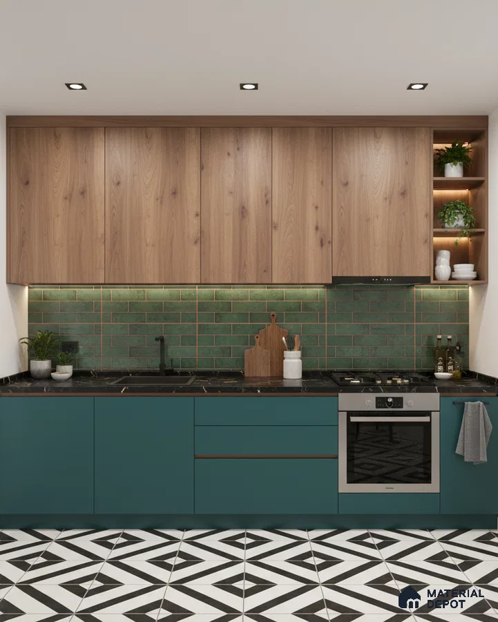 Modern kitchen with teal laminate base cabinets, natural oak laminate wall cabinets, green subway backsplash tile, and geometric black-and-white floor tile in Bengaluru
