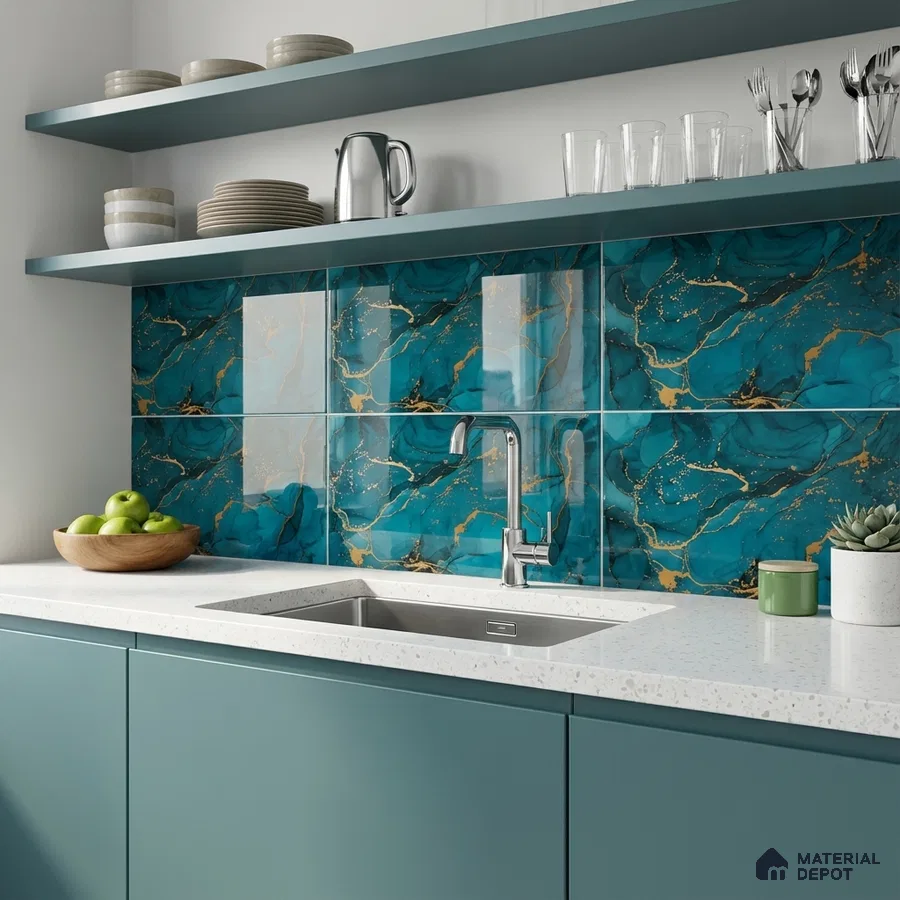 Modern kitchen with teal marble-look backsplash tile and frosty white quartz countertop