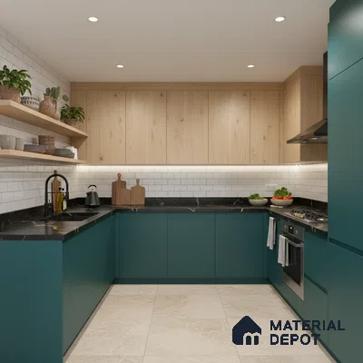 Modern kitchen with teal matte laminate, light oak laminate, black marble countertop, and white subway tile backsplash in Bengaluru