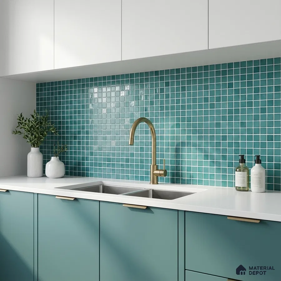 Modern kitchen with teal mosaic backsplash tile, matte white laminate, and pastel blue-green laminate cabinets