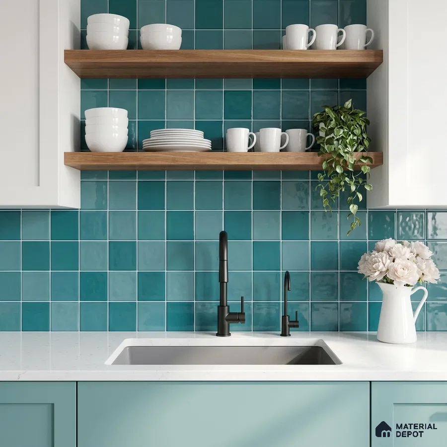 Modern kitchen with teal square backsplash tiles, white quartz countertop, and light blue laminate cabinets