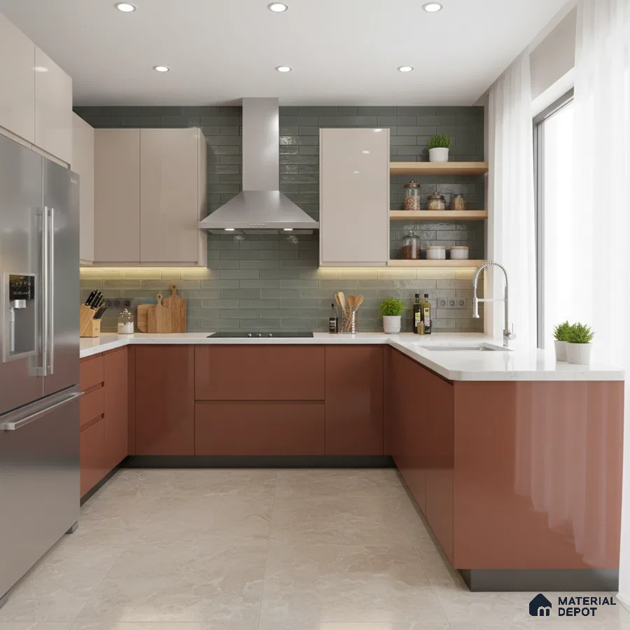 Modern kitchen with terracotta and beige high gloss laminate, white quartz countertop, and sage green subway backsplash tile in Bengaluru