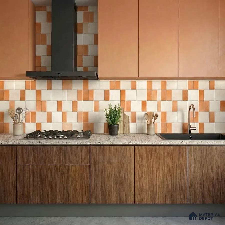 Modern kitchen with terracotta and beige patterned backsplash tile, peach laminate, and wood grain laminate base cabinets