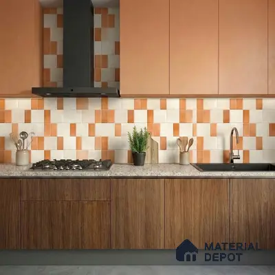 Modern kitchen with terracotta and beige patterned backsplash tile, peach laminate, and wood grain laminate base cabinets