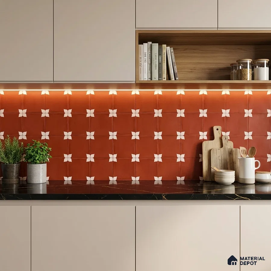 Modern kitchen with terracotta geometric backsplash tile and black marble countertop