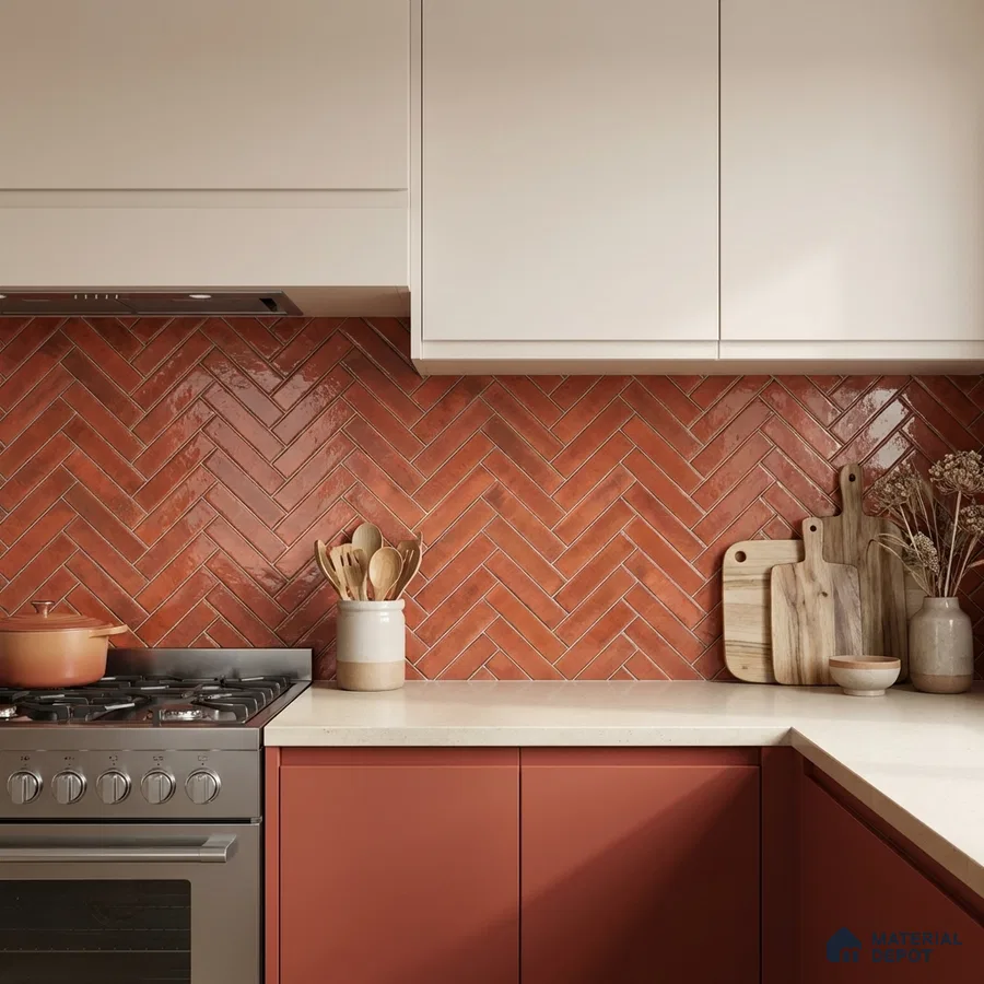 Modern kitchen with terracotta herringbone backsplash tile and matte terracotta laminate cabinets
