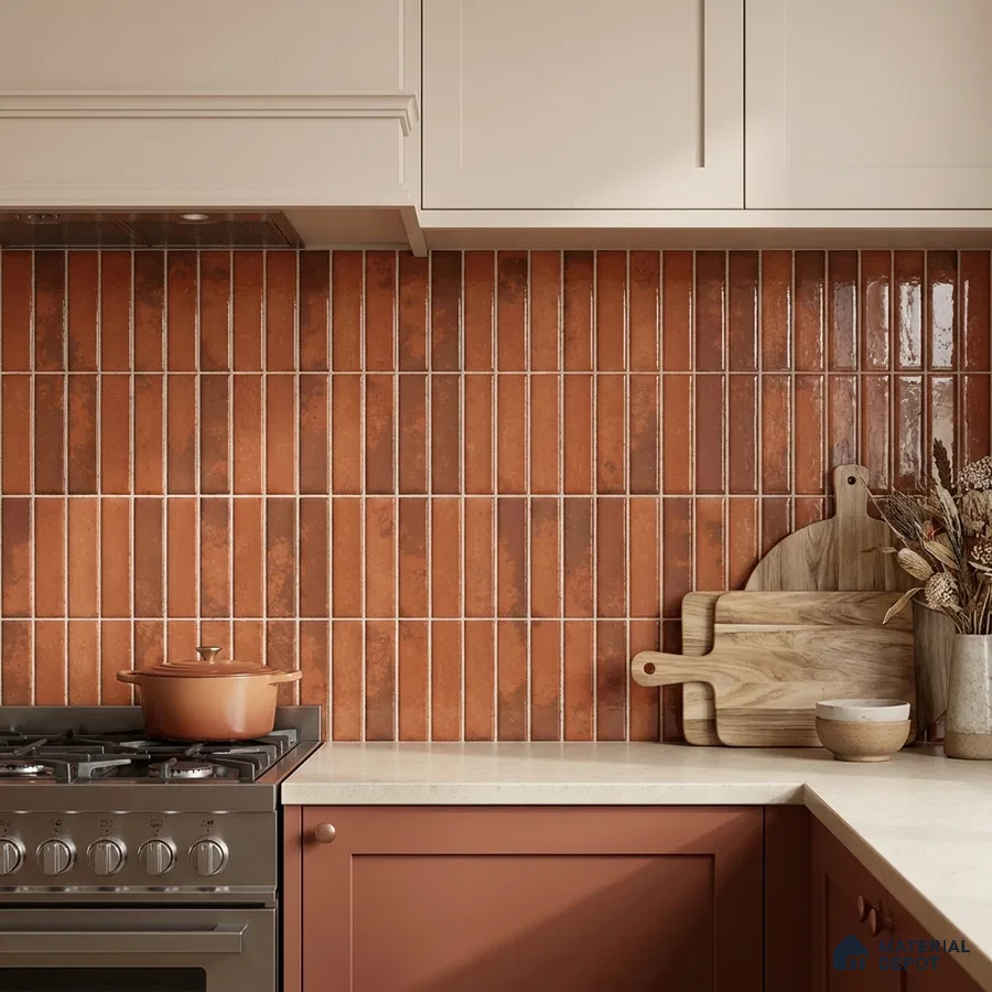 Modern kitchen with terracotta kitkat wall tiles and matte beige laminate cabinets